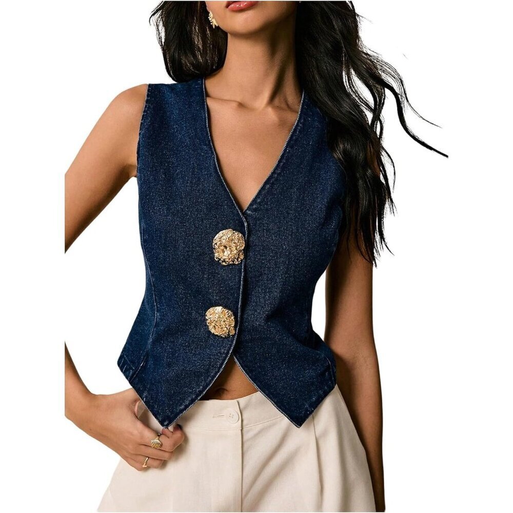 Women's Denim Sleeveless V-Neck Cropped Jean Vest Western Cowgirl